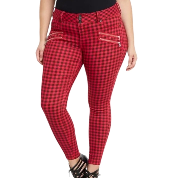 Torrid Red Black check Plaid stretch Denim Pants jeans jeggings punk rock sz 18 - Picture 1 of 7